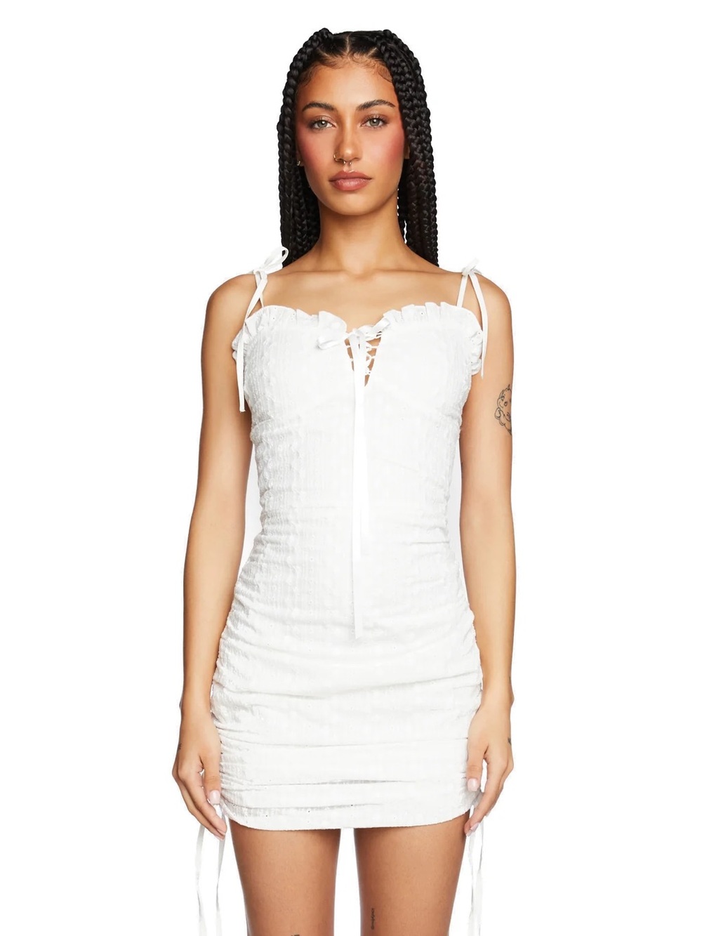 Sugar thrillz White Lace-Up Tie-Shoulder Ruched Mini Dress
